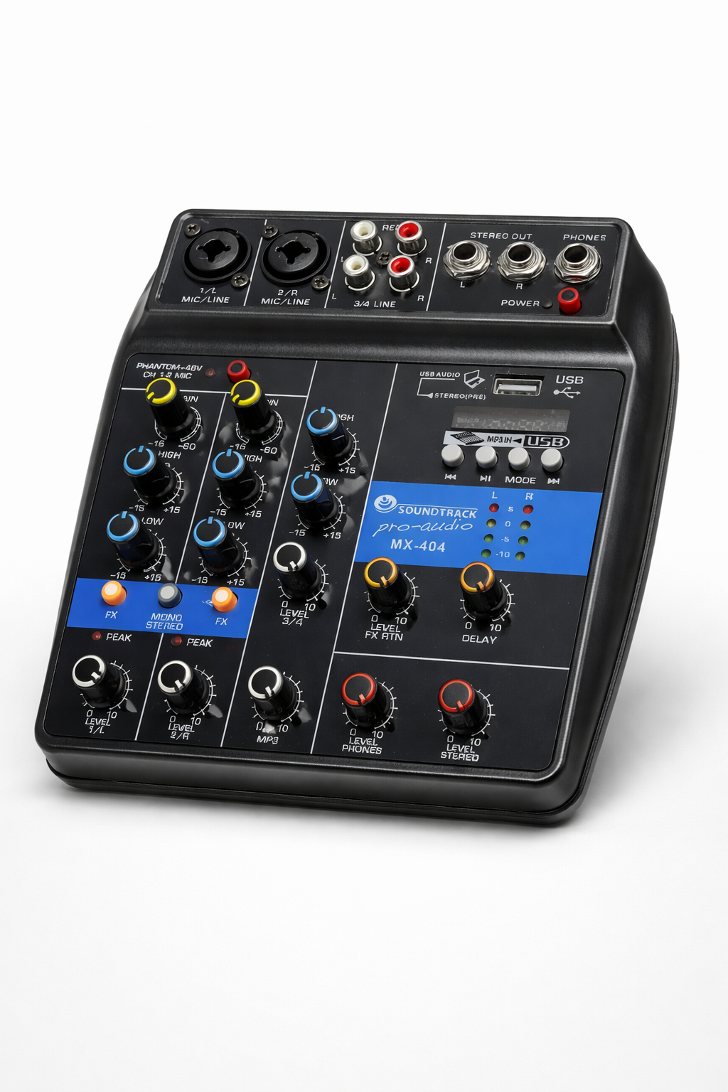 MX-404 Compact Audio Mixer – 4 Channel Mixer with USB, Bluetooth & DSP Effects | SOUNDTRACK USA
