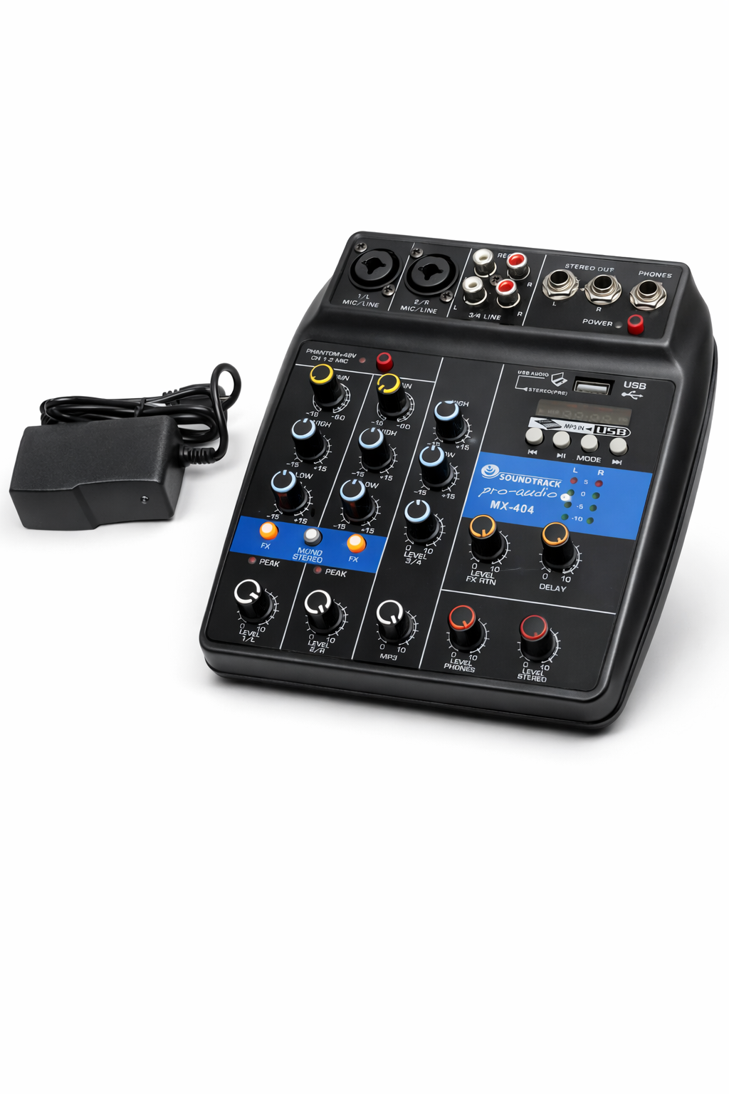 MX-404 Compact Audio Mixer – 4 Channel Mixer with USB, Bluetooth & DSP Effects | SOUNDTRACK USA