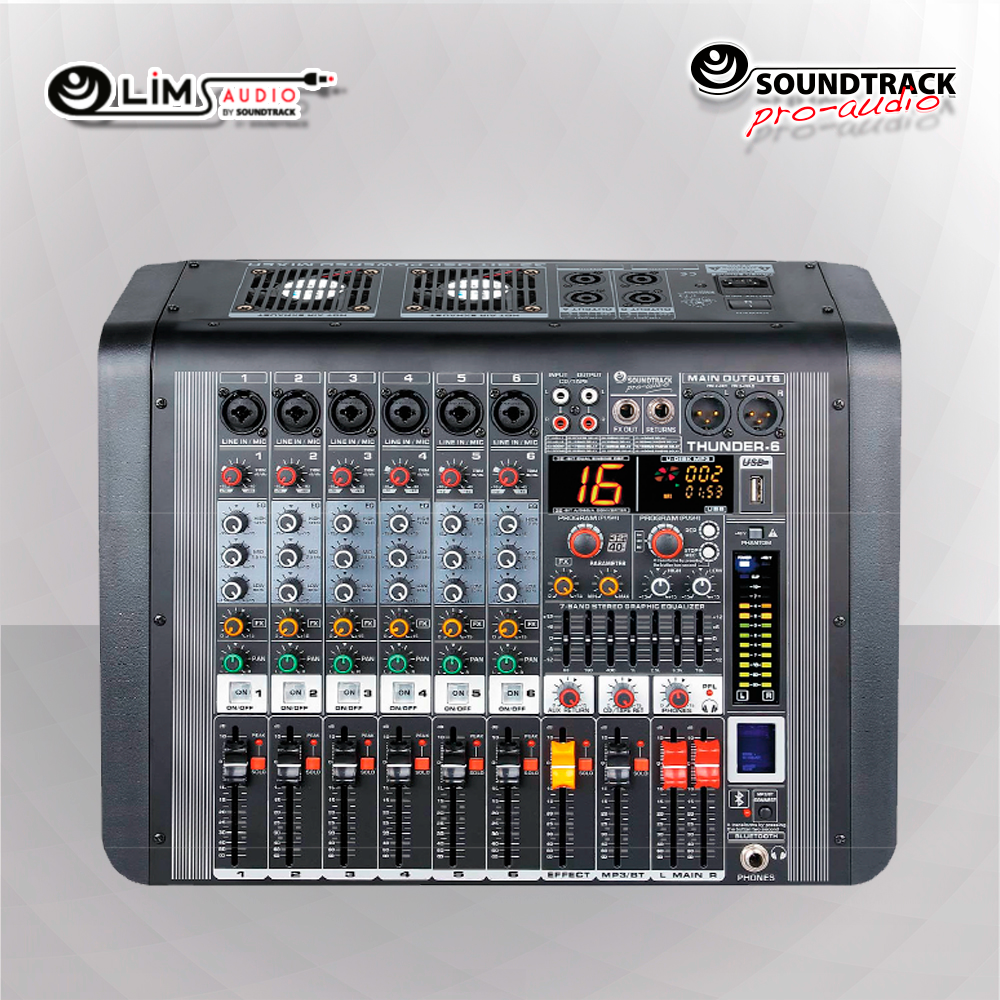 THUNDER 6 Professional Active Mixer – Powered Mixer with USB Recording, DSP Effects & Phantom Power | SOUNDTRACK USA
